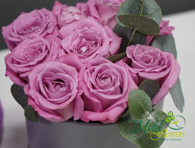 Набор:Фиолетовые розы в серой коробке и Мишка Андрюша фиолетовый h=45 см Фото